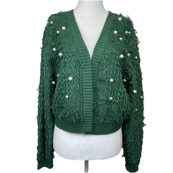 Mighty Fine Womens Lumpy Green Pearl Knit Short Cardigan Sweater Holiday-L - Picture 1 of 10